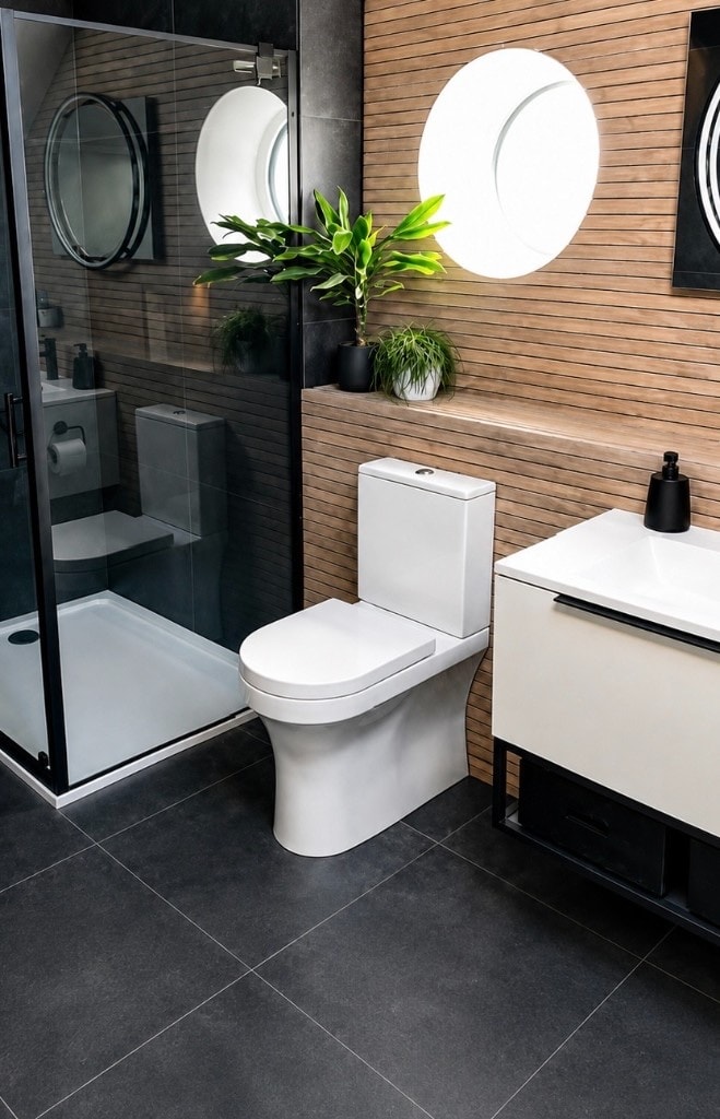 Modern white close-coupled toilet in a contemporary bathroom with wood feature wall