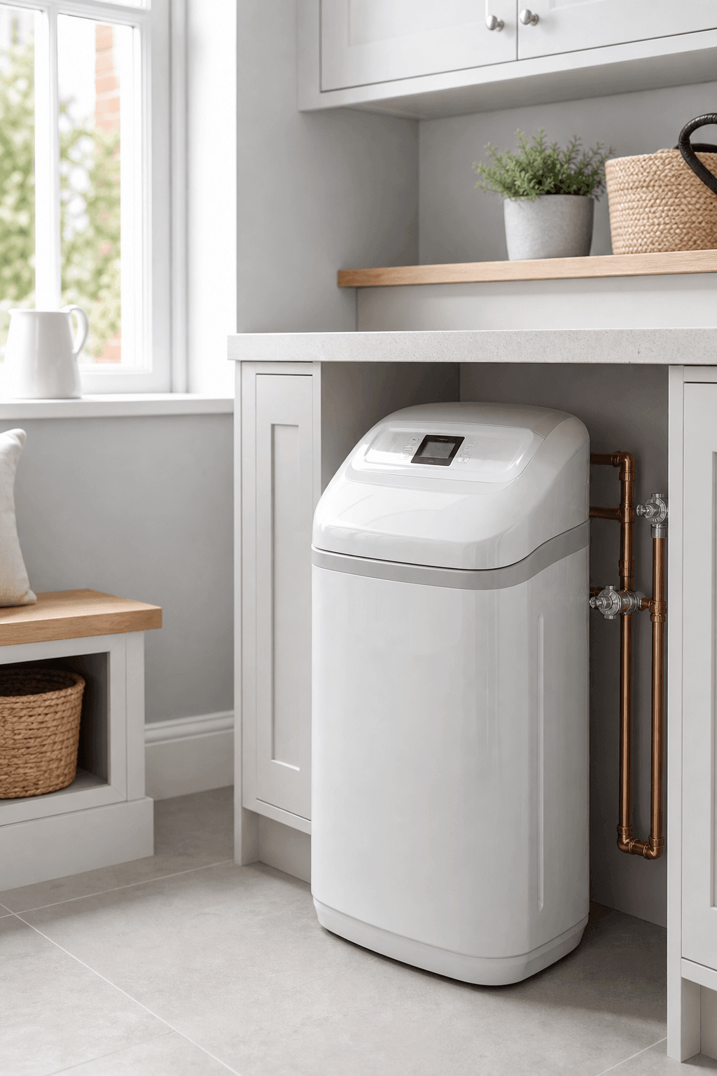 Water softener unit installed beside a utility cupboard