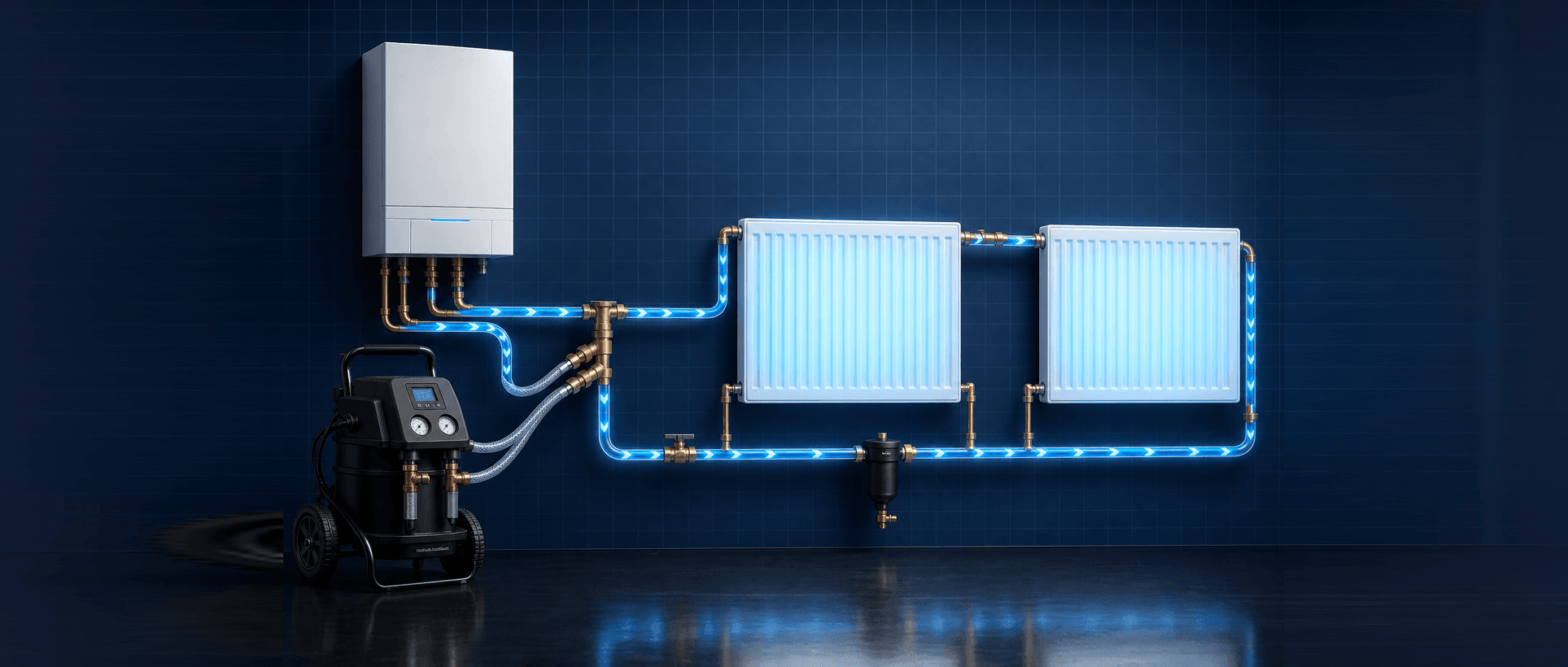 Simple domestic heating circuit after power flushing — boiler, clear flow and return through two radiators, with bright blue unrestricted circulation