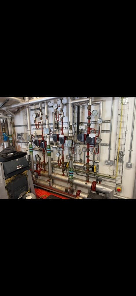 Commercial heating pumps, gauges and distribution pipework at a primary school in Chieveley