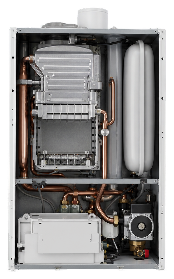 Cutaway view of a condensing boiler showing internal components