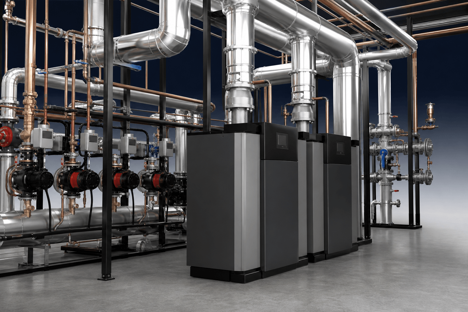 Modern commercial plant room with boilers, circulation pumps, valves and insulated pipework